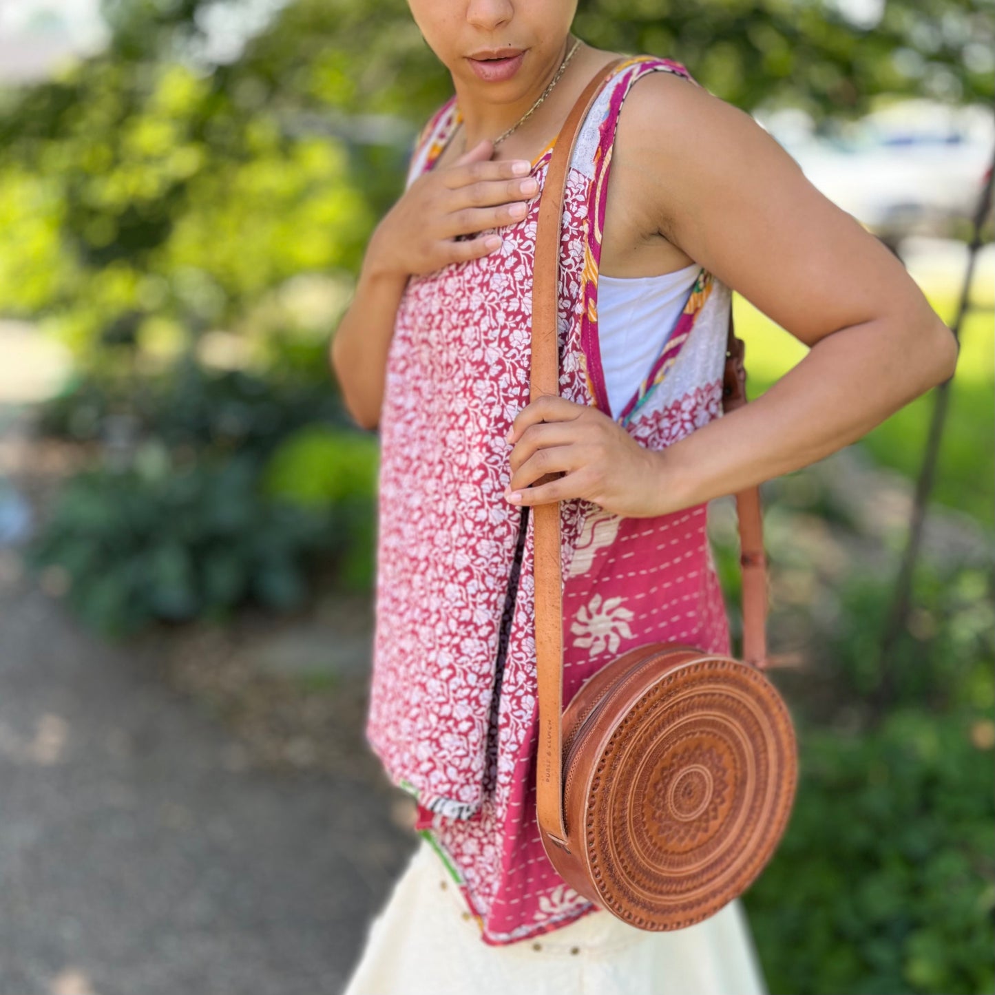Leather Circle Crossbody in Russet Brown