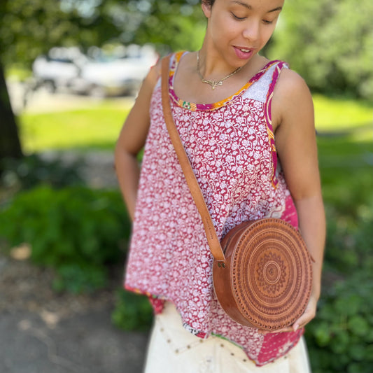 Leather Circle Crossbody in Russet Brown