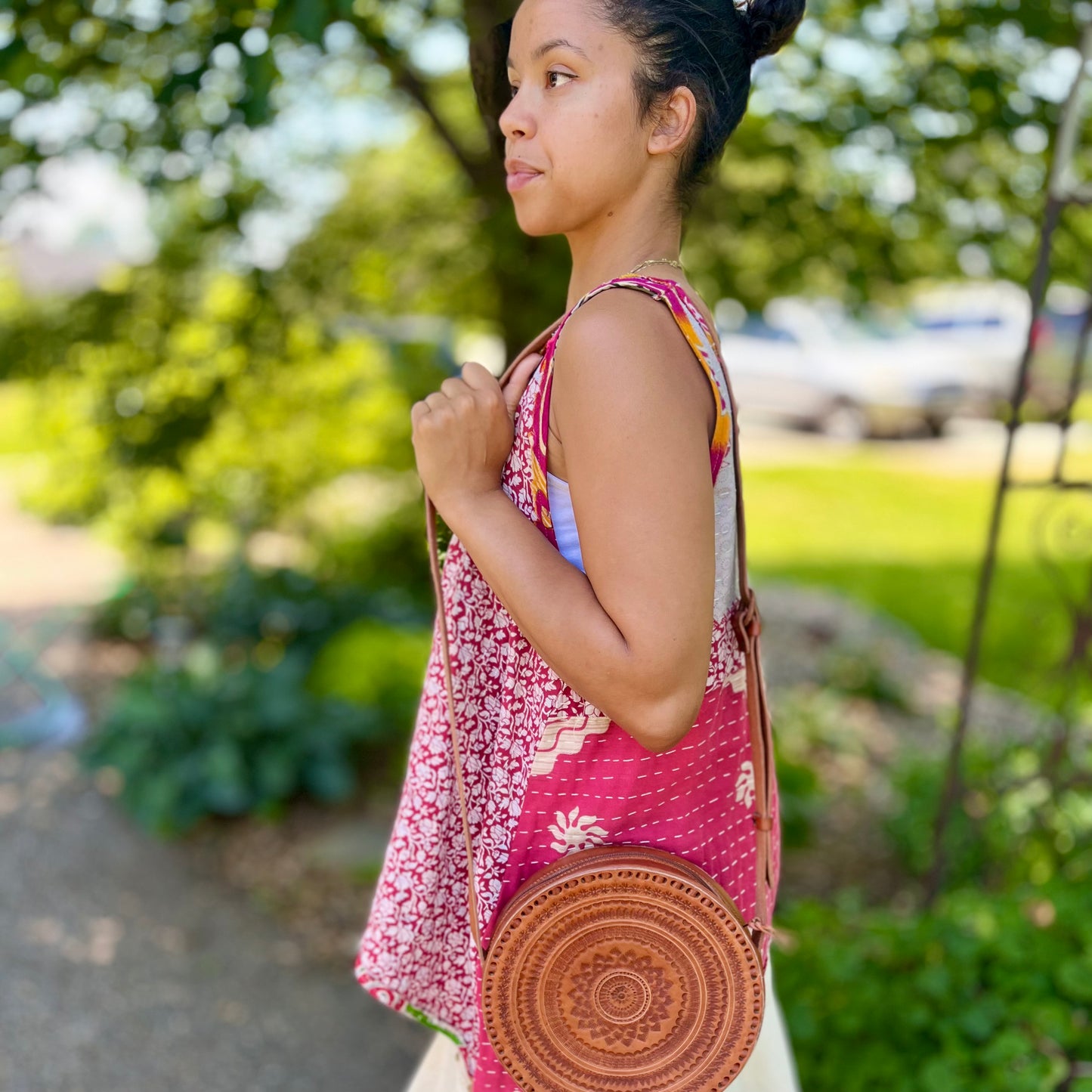 Leather Circle Crossbody in Russet Brown