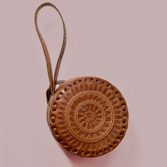 Leather Circle Wristlet in Brown
