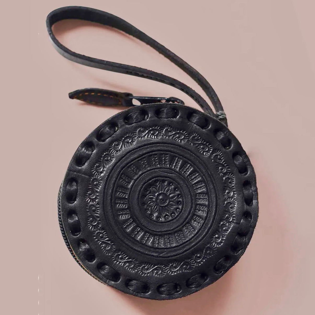 Leather Circle Wristlet in Black