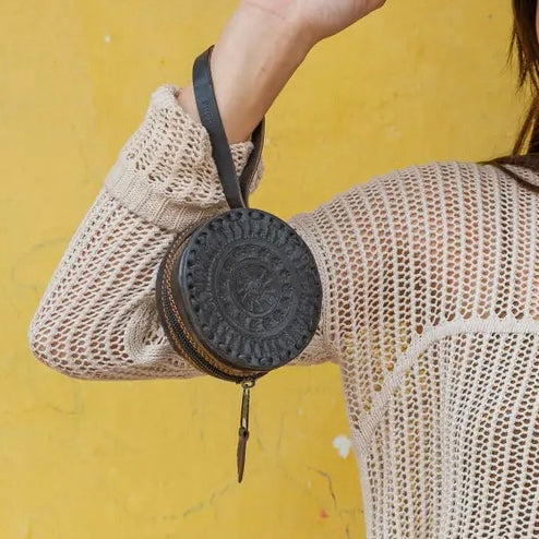 Leather Circle Wristlet in Black